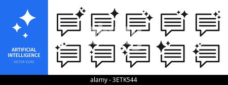 Icons for improving messages, chat using AI sparkle set. Artificial intelligence symbols with star magic glitter effects starburst signs. Machine learning symbols app tech design vector elements Stock Vector