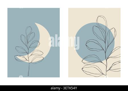 Minimalist boho art posters set with elegant black line art branches and abstract celestial moon shapes on pastel dusty blue and beige background, modern botanical vector illustrations for interior wall decor, canvas prints, book covers or greeting cards. Vector illustration Stock Vector