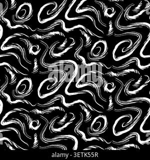 Black and white seamless pattern with flowing hand painted scribbles and expressive brush curves. Abstract repeating design for fabric, wallpaper and Stock Vector
