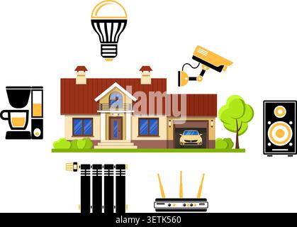 Smart House and internet of things infographics with Two Color flat Icons Set such as House, security camera, coffee maker and router. Isolated vector Stock Vector
