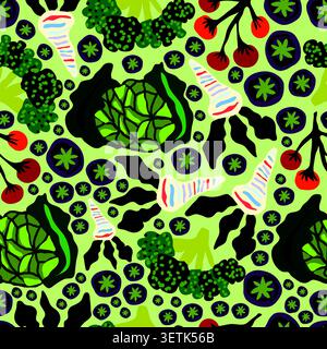green cabbage, broccoli, purple tomatoes, red cherry tomato bunches on light green background seamless pattern Stock Vector