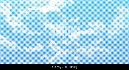 Halftone cloud sky on blue backdrop with pixelated texture vector illustration background. Stock Vector
