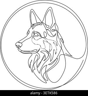 minimalist continuous line drawing of german shepherd dog head inside a circular frame, suitable for modern logo design and branding, line art vector Stock Vector