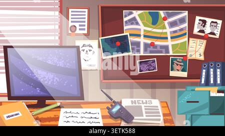 Detective desk. Police investigator workplace, inspector table paperwork crime investigation board wall evidence research cabinet room cartoon interior, classy vector illustration original artwork Stock Vector
