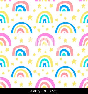 Cute doodle style seamless pattern with rainbows and stars Stock Vector