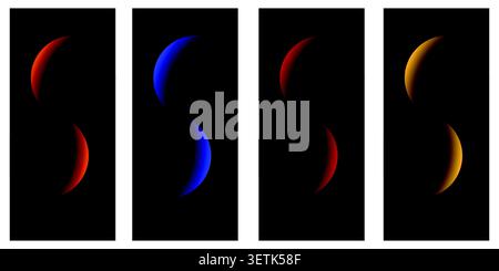 Abstract glowing crescent shapes in red, blue and orange colors on black background, minimal neon light curves, modern digital art composition, dark Stock Vector