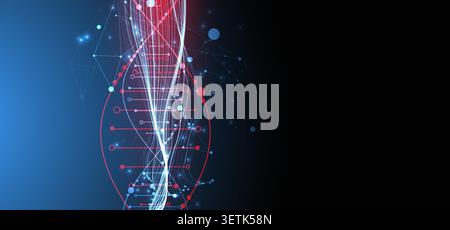 Abstract digital technology background with DNA helix structure and glowing neon light waves. Vector illustration. Stock Vector