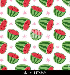 Seamless Watermelon Slice Pattern with Pink Stars on White Background Vector Illustration Stock Vector