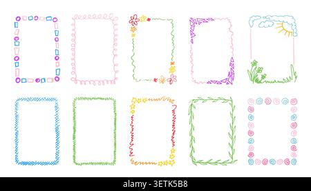 Hand drawn rectangle frames collection. Colorful borders with doodle scribbles. Funny crayon frame vector set Stock Vector