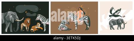 Hand drawn vector abstract graphic modern safari savanna animals print and pattern collection set on color background.Animals wildlife clipart design Stock Vector