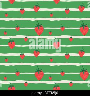 Strawberry trendy seamless pattern. Vector fruit pattern. Hand drawn summer red berries with striped background for textile, packaging, wrapping paper Stock Vector