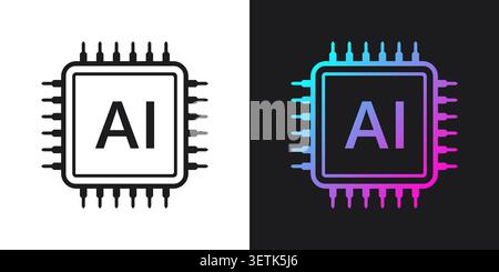 Artificial Intelligence Chip Icon Set in Black and Colorful Circuit Design. Vector Illustration Stock Vector