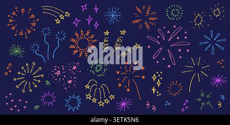 Colorful doodle fireworks with stars and sparks. Linear lightning, explosion, sunburst, bling effect set Stock Vector