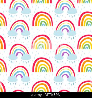 Cute childish style seamless pattern with rainbow, cloud and rain drops Stock Vector
