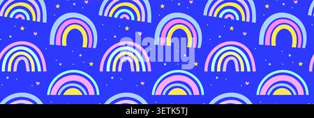 Cute childish style seamless pattern with rainbow on blue background Stock Vector