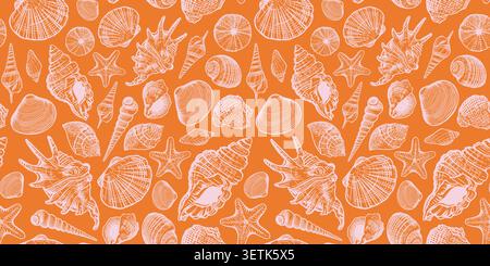 Trendy color hand drawn pattern with seashells. Beautiful marine design elements, perfect for print. Vector seamless background Stock Vector