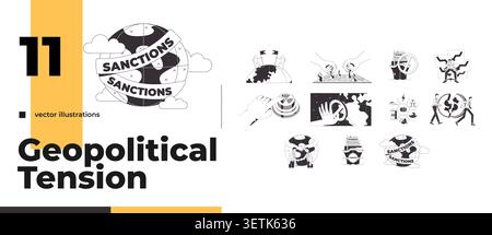 Geopolitical tension, sanctions and global conflict line illustration concept set Stock Vector