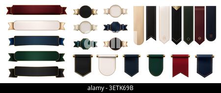 Collection of luxury realistic ribbon banners tags bookmarks and badges with gold details and blank templates isolated on a light background Stock Vector