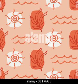 Boho tropical beach sun, waves seamless pattern Stock Vector