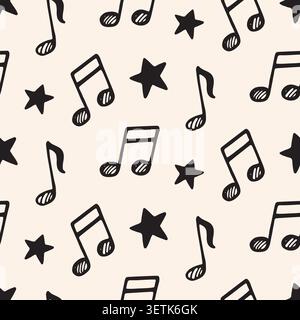 Music doodle seamless pattern with black notes Stock Vector
