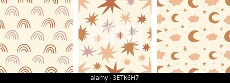 Seamless bohemian baby pattern set featuring cute rainbows, stars, moons, and clouds. Vector illustration perfect for nursery wall art, textile prints, stationery, wrapping paper, and kid clothing. Stock Vector