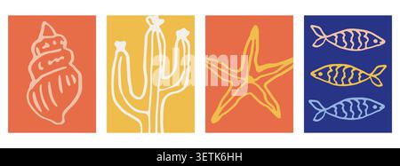 Coastal card set shell, cactus, starfish and fish Stock Vector