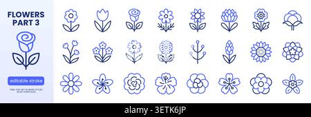 Flowers line icon set. Rose, tulip, sunflower, lotus, chamomile, lavender minimal vector illustrations. Simple outline signs for floral design. Blue Stock Vector