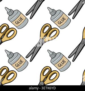 Seamless vector pattern of cartoon scissors and glue bottles for crafting and school supplies Stock Vector
