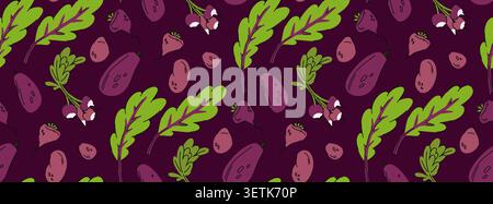 Seamless pattern with purple produce, potatoes, beets, chard, garlic, eggplant, farm produce harvest for local market, farm to table. Vector illustrat Stock Vector