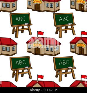 Seamless vector pattern of charming cartoon school buildings and chalkboards with ABC, perfect for educational designs Stock Vector