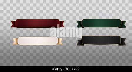 Collection of realistic luxury ribbon banners with elegant gold decorative frames and blank templates isolated on a transparent background Stock Vector