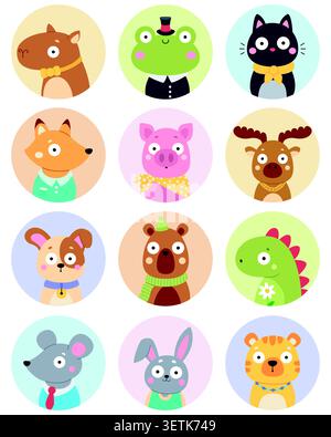 Collection of funny cartoon animal avatars. Designs for social media. Vector illustration isolated on a white background Stock Vector