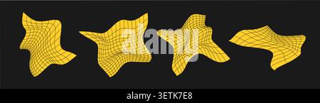 Set of distorted cyber grids. Cyberpunk geometry element y2k style. Isolated pink mesh on black background. Vector fashion illustration. Stock Vector