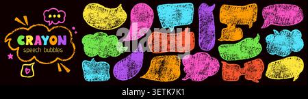Pack of color crayon speech bubbles. Hand drawn Irregular text boxes. Stock Vector