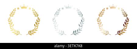 Gold Silver Bronze Award Badges Set with Laurel Wreath Crown and Stars First Second Third Place Ranking Icons Isolated on White Background Stock Vector
