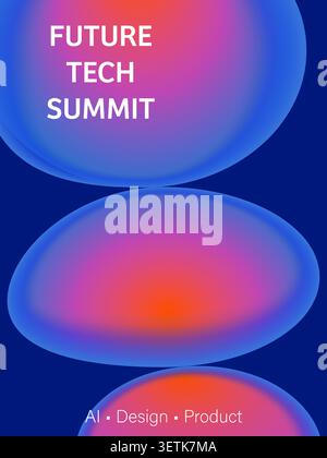 Abstract fluid liquid shapes with glowing organic bubbles, neon red and blue gradient background Stock Vector