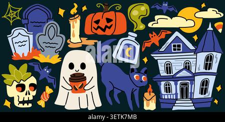 Cute Halloween doodle set with spooky haunted house, funny ghost holding coffee, black cat, jack-o'-lantern pumpkin, cemetery tombstones, bats, candle Stock Vector