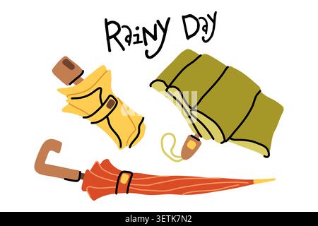 Vector collection of colorful umbrellas for autumn weather. Hand drawn design set featuring folded and opened rainy day accessories isolated on white Stock Vector