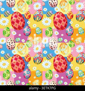 Vibrant seamless vector illustration of patterned eggs and flowers on a colorful checkered background. Stock Vector