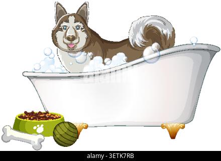 Vector illustration of a brown husky in a bathtub with bubbles, food, and toys Stock Vector