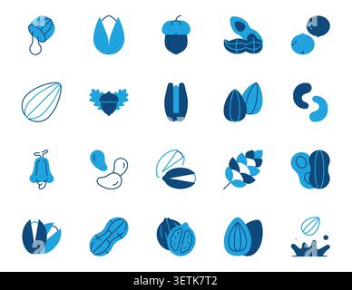 Nuts and Seeds Editable Stroke Filled Icons Set. Peanut, Pistachio, Almond, Acorn and Walnut Vector Illustration Stock Vector