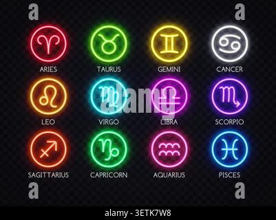 Bright zodiac neon icons in circular frames with luminous glow. Astrology symbol pack for horoscope template, cosmic poster and spiritual illustration Stock Vector
