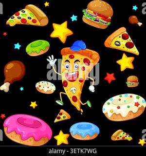 Seamless vector pattern with animated pizza, donuts, burgers, and stars on dark background. Stock Vector