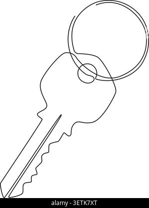 continuous line drawing of single front door key on key ring, real estate or security concept, line art vector illustration Stock Vector