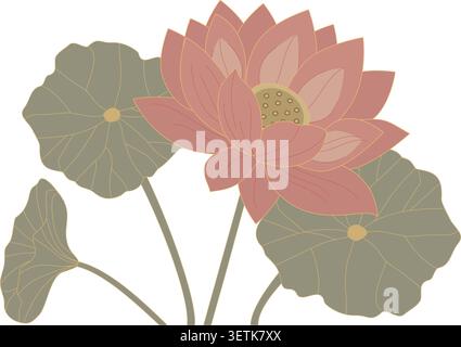 Beautiful blooming pink lotus with green leaves in elegant pastel vintage style vector illustration isolated on white background for asian traditional Stock Vector