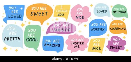 Set of speech bubbles with compliments, self love quotes. Compliment stickers. Stock Vector