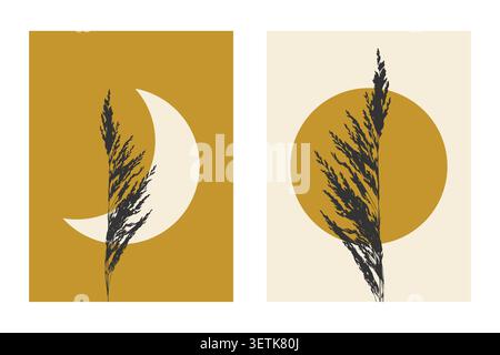 Boho art posters set with dried pampas grass silhouettes, sun and crescent moon geometric shapes in mustard yellow, black and beige palette for modern wall decor, gallery print and interior design. Vector illustration Stock Vector
