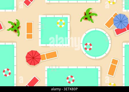 swimming pool seamless pattern with sunbeds, umbrellas, rubber rings and palm trees, repeating summer vacation background with tropical resort element Stock Vector