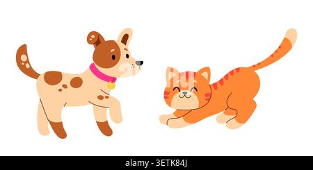Cat and Dog. Flat hand-drawn illustration. Vector illustration isolated on a white background. Stock Vector
