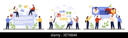 Business people using laptops mobile devices and chat bubbles for online messaging teamwork feedback and communication in modern office scene isolated on white background vector illustration Stock Vector